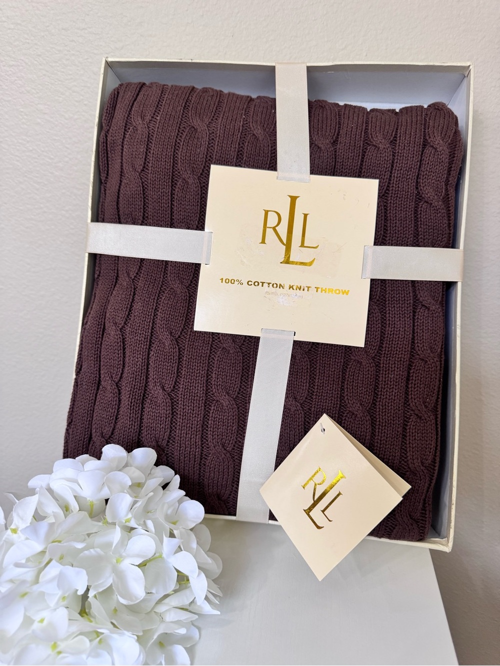 Ralph Lauren Brown Cable Knit Cotton Throw